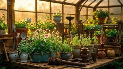 A rustic greenhouse filled with various potted plants bathed in the warm glow of sunrise. The scene is peaceful and inviting, showcasing a variety of greenery and flowers.