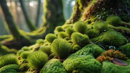 Close-up view of vibrant green moss, illuminated by soft sunlight filtering through the trees. Delicate textures and water droplets enhance the enchanting forest scene.