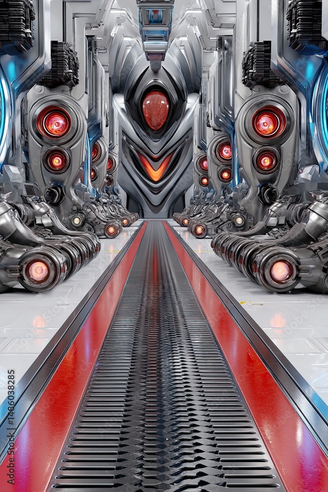 Poster futuristic corridor with intricate robotics and high-tech design, featuring red and blue lighting ef
