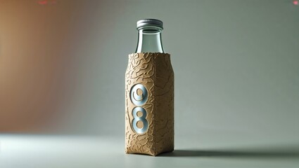 Glass bottle with a beige sleeve, featuring a unique design and metallic number detail. A minimalist and stylish beverage container.