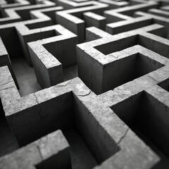 Monochrome illustration maze. Complex 3D labyrinth made of concrete. Conceptual image, business solution or problem solving metaphor. Challenge, search, lost, success, path, way.