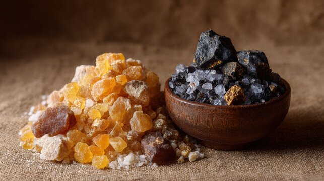 Benefits of guggul. Natural resin and mineral samples displayed on burlap, highlighting textures and colors.