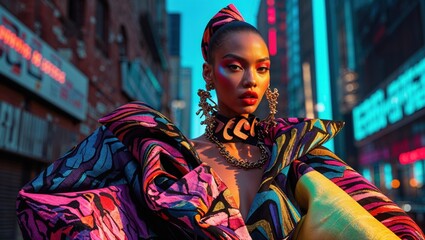 A young Black woman stuns in a vibrant, multicolored patterned top against a blurred city backdrop. Her bold makeup and accessories add to her striking presence.