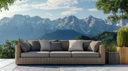 Outdoor area with sofa and view of mountains