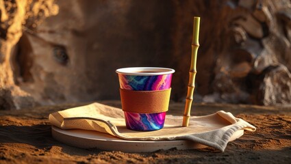 A vibrant, colorful disposable cup with a tan sleeve sits on a rustic wooden tray. A bamboo straw rests beside it, against a backdrop of earthy tones and textures.