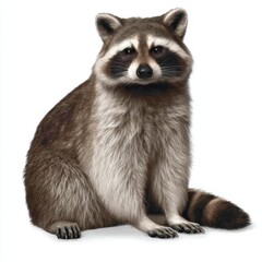 Obraz premium Close up Portrait of a Sitting Raccoon Against White Background