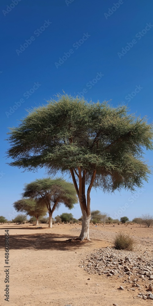 Aufkleber a tree is in the middle of a desert. the sky is clear and blue. the tree is the only thing in the sc