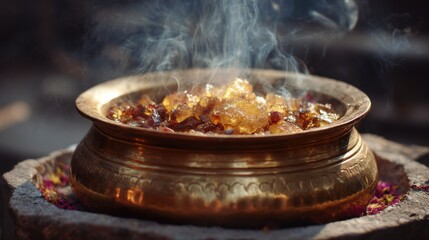 Benefits of guggul. A steaming pot of incense with aromatic offerings, creating a serene atmosphere.