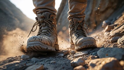 Close-up of a person's feet in sturdy hiking boots, kicking up dust on a rocky trail. The warm sunlight adds a sense of adventure.