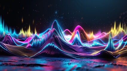 Vibrant, neon-colored waves flow across a dark landscape, creating a mesmerizing digital art piece. The interplay of light and shadow adds depth and intrigue to this abstract scene.
