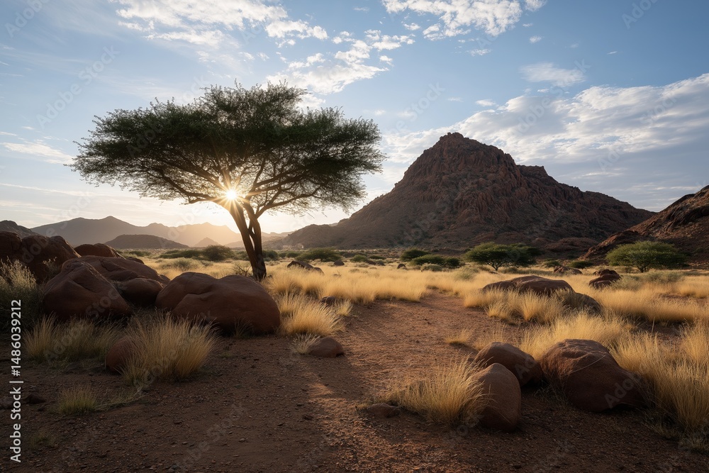 Aufkleber a tree is in the middle of a desert with a mountain in the background. the sun is shining on the tre