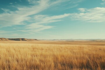 A golden grassland under a bright sky with some clouds and distant mesas view