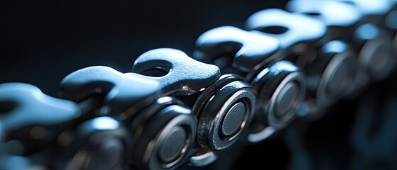 Close-up of a metallic chain, showing intricate details and reflective surface.