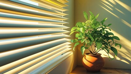 A vibrant green potted plant sits on a windowsill, bathed in the warm glow of sunlight filtering through partially open blinds. The serene scene evokes a feeling of calm and tranquility.