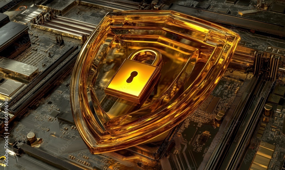 Poster golden shield and padlock on circuit board; cybersecurity concept; data protection; technology backg