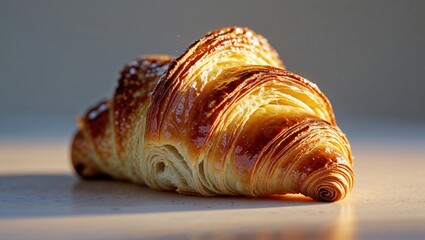 Golden-brown croissant, flaky layers, delicious bakery treat. Warm light highlights the buttery texture.
