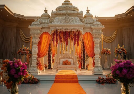 ornate white wedding mandap decorated with hanging marigold and red flowers and vibrant orange drapery with a white stage and floral arrangements in a large banquet hall under warm evening light