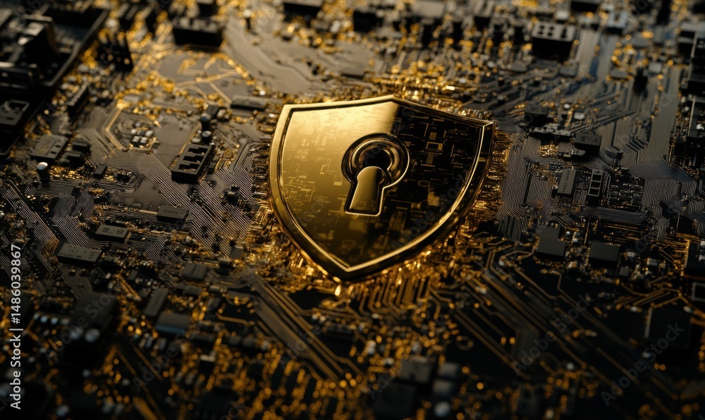 Aufkleber golden shield protecting circuit board; cybersecurity concept; technology background; data security 