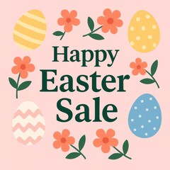 Bright festive promotional banner with colorful Easter eggs and flower graphics around text, designed for seasonal marketing or advertisement 