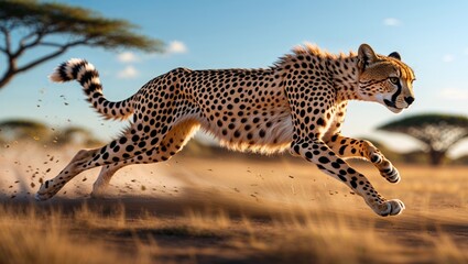 Cheetah in motion. A majestic cheetah gracefully sprints across the savanna, its spotted coat a blur against the golden grasses.
