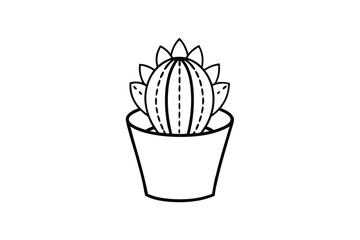 Line art illustration of a blooming cactus in a small round pot.eps