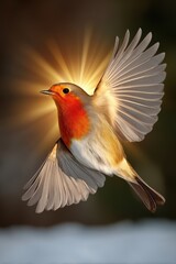 Fototapeta premium European Robin Soaring in Golden Light Winter Scene