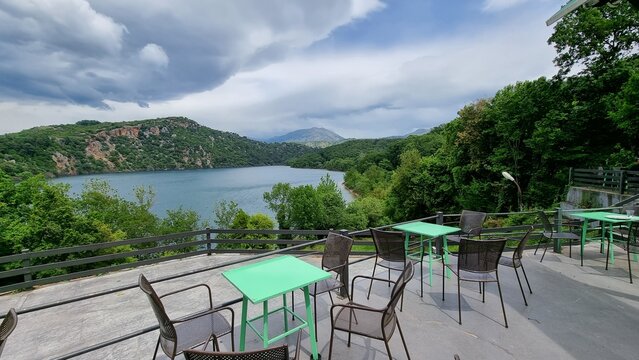 zirou lake forest clouds boats in spring season in greece