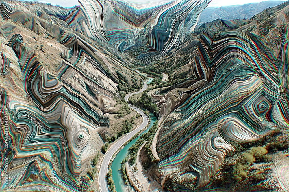 Aufkleber abstract aerial view of winding river surrounded by colorful geometric patterns and unique textures 