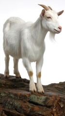 Fototapeta premium Fluffy White Goat on Brown Rocks Against White Background