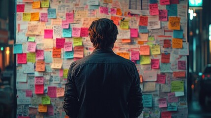 Man standing in front of a wall covered with colorful sticky notes, deeply focused and contemplative in a dimly lit urban environment at night