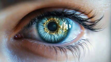 Fototapeta premium Close-up macro image of a blue green human eye showing detailed iris texture and long eyelashes with natural skin tones