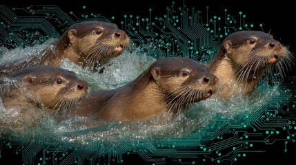 Four Otters Swimming in Dark Water with Teal Digital Overlay