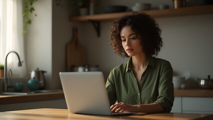 Freelancer Concentrated on Laptop in Comfortable Kitchen Space