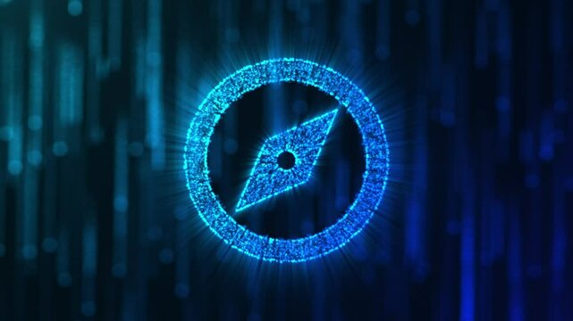 A glowing blue digital compass symbol against a dark, technological abstract backdrop.