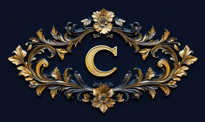 ornate golden decorative letter c with intricate floral and leaf patterns on a dark blue background, elegant and luxurious design