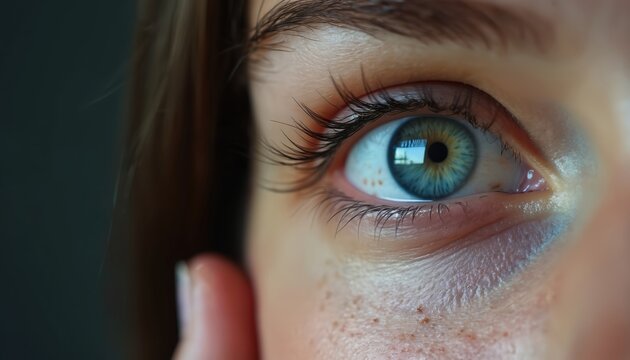 Close-up shot of blue eye. Long eyelashes. Eye reflects outdoor scene. Concept visual EMDR therapy for mental health. Focus, treatment of trauma, stress, anxiety. Emotional support, psychology,