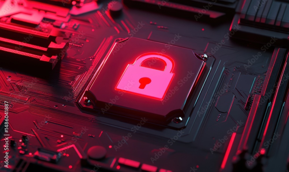 Poster red glowing padlock on circuit board; data security; technology background; cybersecurity concept