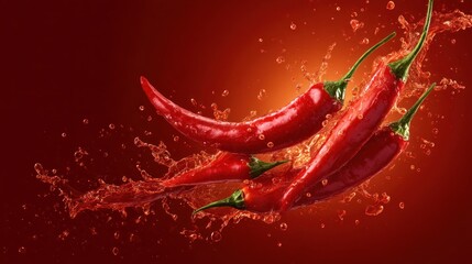 Red chili peppers splashing in vibrant juice against a dark red background