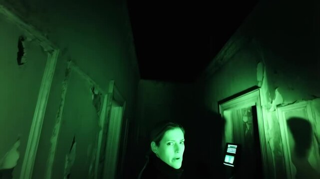 Woman explores dark abandoned building using green night vision technology, walking through a decrepit hallway in the spooky old house