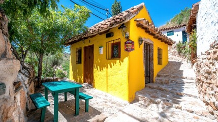 Bright Yellow House on Stone Steps in Sunny Village Setting