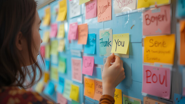 Woman adding sticky note with Thank You on colorful board for teamwork appreciation