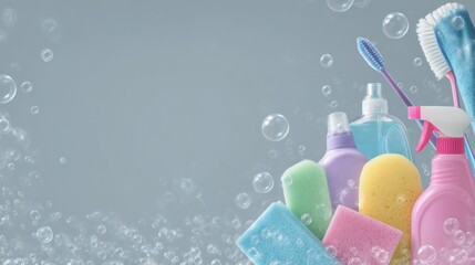 Colorful cleaning supplies and soapy bubbles on a gray background