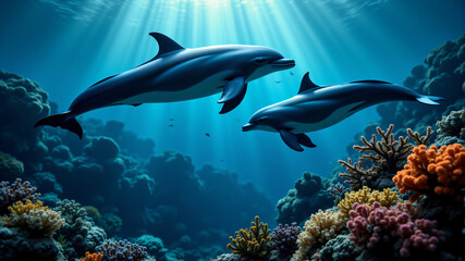 Fototapeta premium Majestic Dolphins Swimming in Vibrant Coral Reef