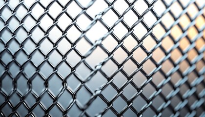 Fototapeta premium Close-up of a shiny metal chain-link fence with a blurred background featuring soft blue and orange hues, creating a calm and structured atmosphere