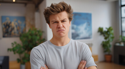 Fototapeta premium Frustrated person with furrowed brows expressing intense emotions