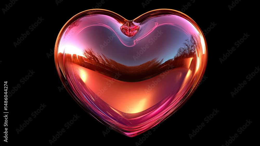 Poster a shiny metallic heart with reflections on a black background with a smooth polished surface