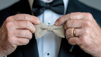 Elegant Hands Adjusting a Classic Bow Tie with Tuxedo Attire
