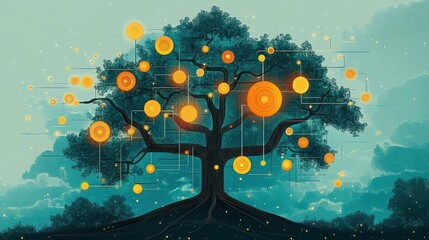 Large stylized tree with glowing circular orange nodes connected by lines, set against a moody cloudy sky background creating a futuristic and mystical ambiance