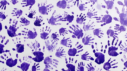 Multiple overlapping purple handprints on canvas, abstract expression of unity and identity