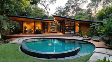 Modern house with pool nestled in lush greenery